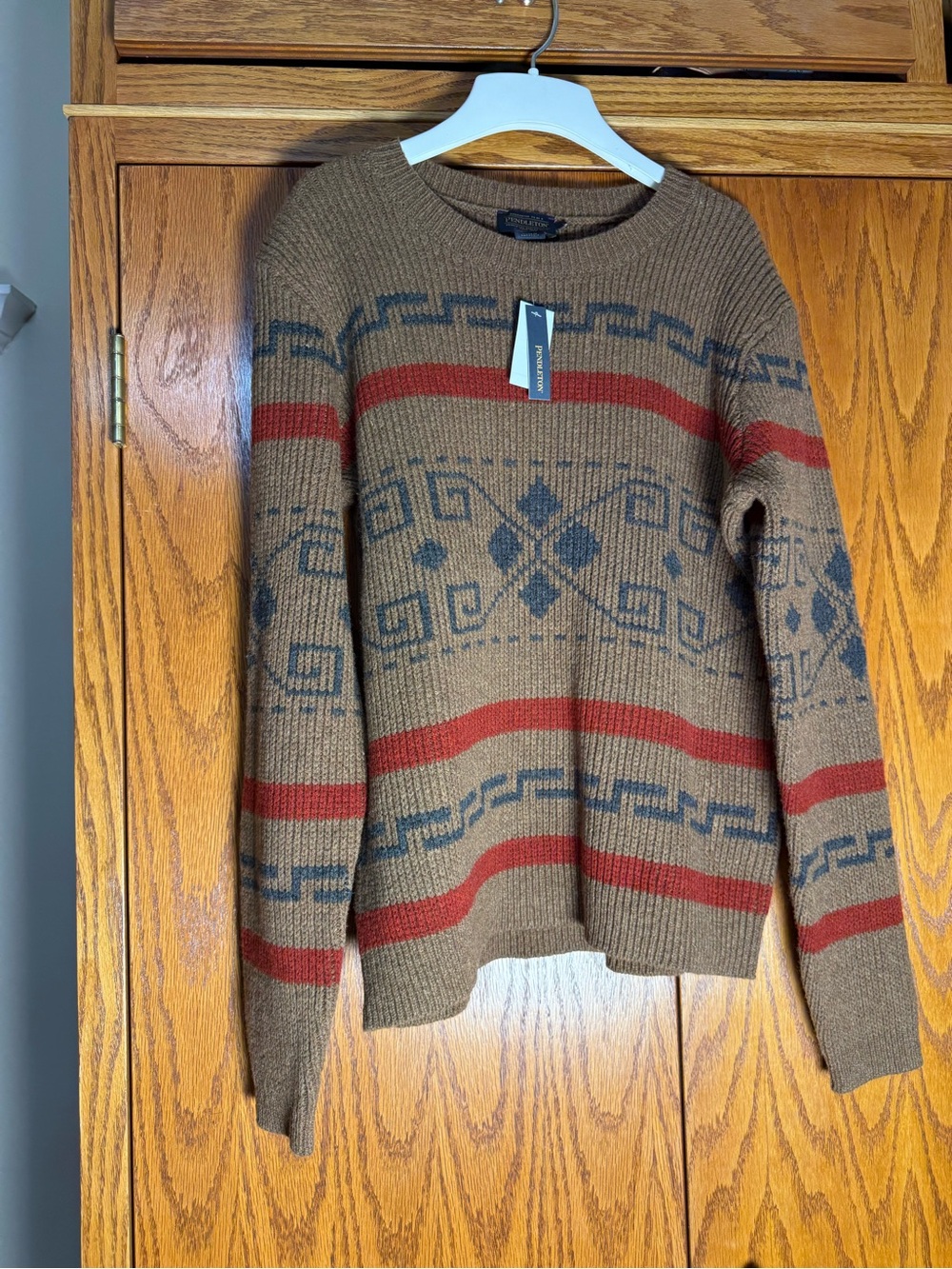 Pendleton Brown Crewneck Sweater with Red and Blue Pattern